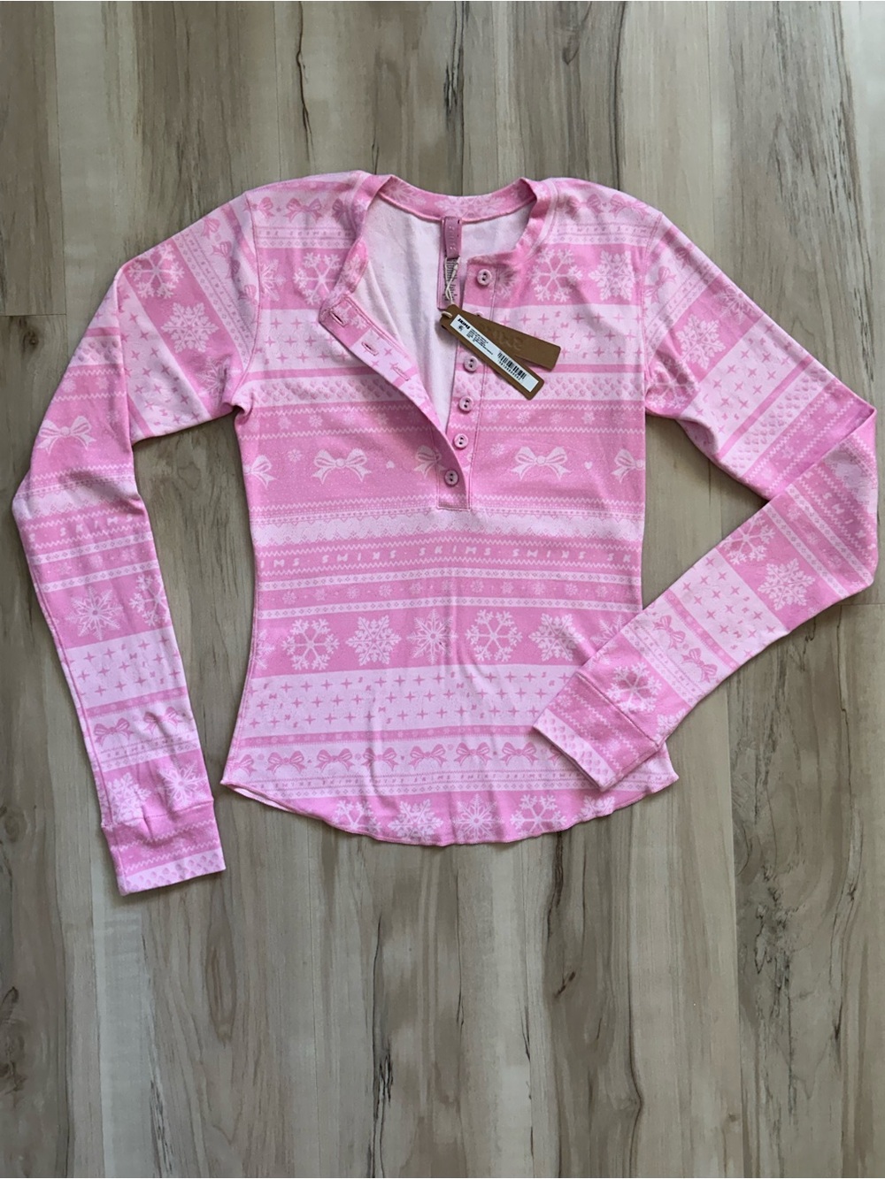 SKIMS Logo Plush Pointelle Long-Sleeve Henley Top - NWT
